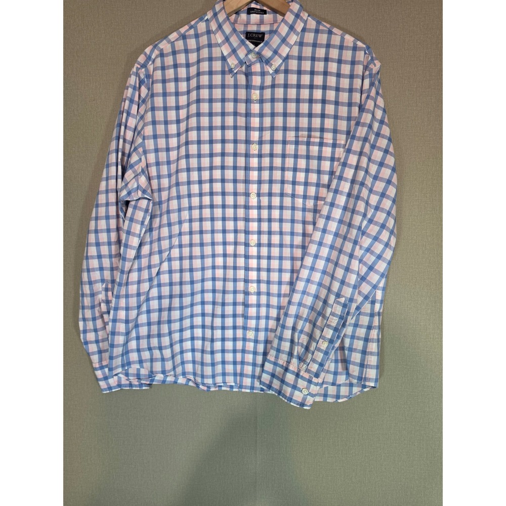 J.Crew Performance Shirt Mens XL Slim Untucked Blue Pink Gingham Button Down